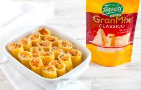 Paccheri ripieni di soupe à l'oignon, GranMix Ferrari e pane fritto