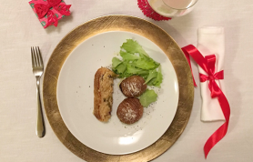 Gateau di patate, tonno e olive con patate millefoglie cacio e pepe