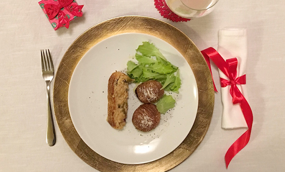 Gateau di patate, tonno e olive con patate millefoglie cacio e pepe