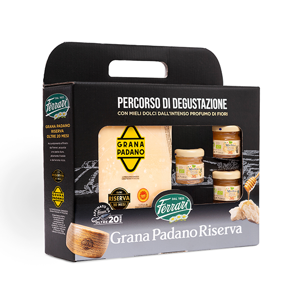 Confezione Grana Padano Riserva stagionato oltre 20 mesi con mieli