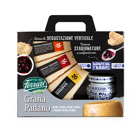 Confezione Grana Padano 10 mesi, 16 mesi e 20 mesi Riserva con Amarena Fabbri