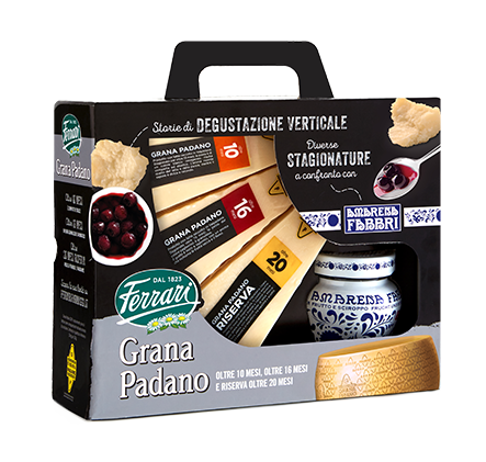 Confezione Grana Padano 10 mesi, 16 mesi e 20 mesi Riserva con Amarena Fabbri