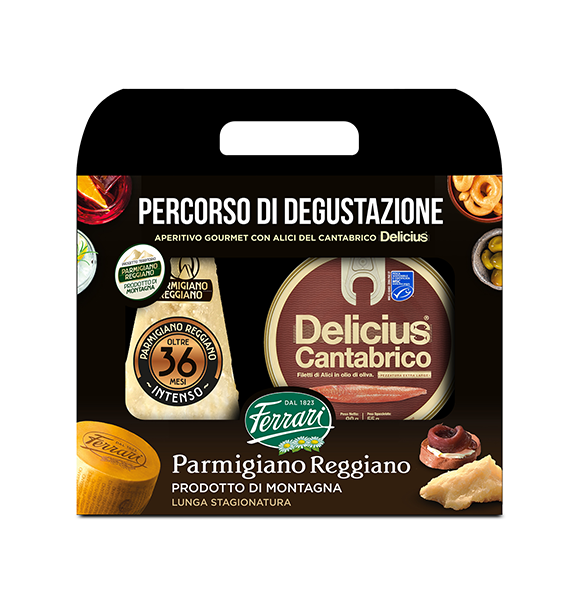 Confezione regalo Parmigiano Reggiano Prodotto di Montagna e Alici del Cantabrico