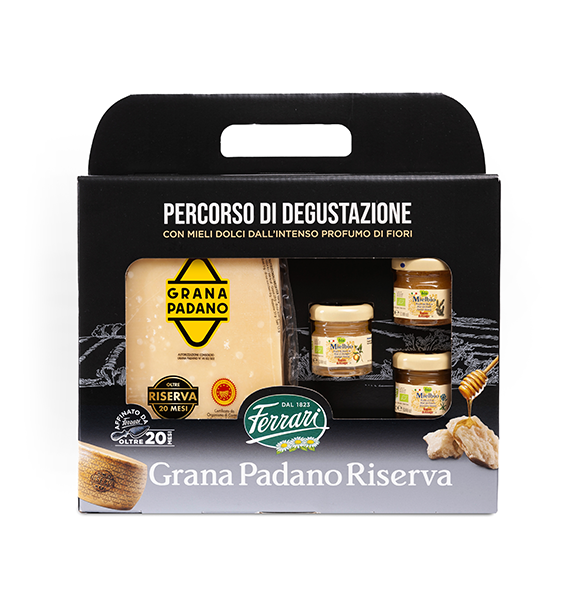 Confezione Grana Padano Riserva stagionato oltre 20 mesi con mieli